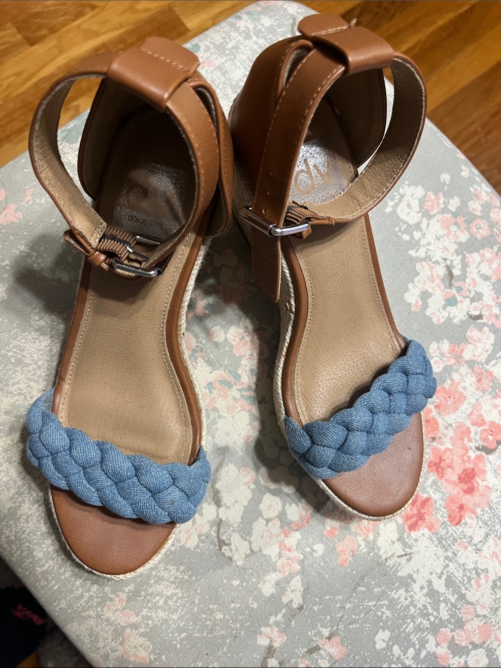 Dolce Vita Two-Tone Braided Strap Sandals in Brown and Blue
